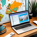 **A digital nomad workstation:** A bright and modern workspace featuring a laptop displaying Chat GPT, surrounded by travel-themed items like a map, a passport, and a coffee mug. The scene emphasizes productivity, personalization, and the freedom of remote work, with a focus on brand identity.