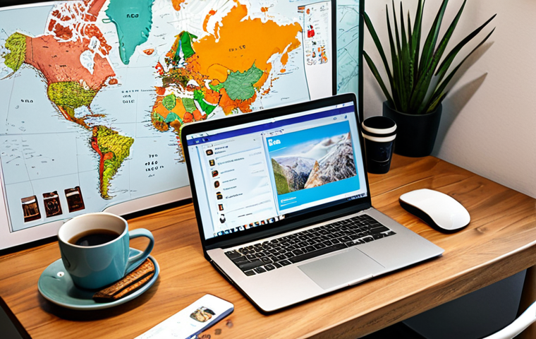 **A digital nomad workstation:** A bright and modern workspace featuring a laptop displaying Chat GPT, surrounded by travel-themed items like a map, a passport, and a coffee mug. The scene emphasizes productivity, personalization, and the freedom of remote work, with a focus on brand identity.